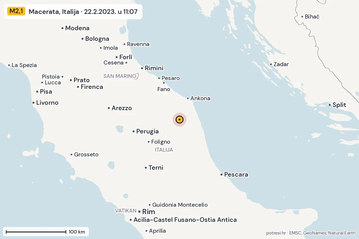 Karta: šire područje, 600 km, potres M2,1, Macerata, Italija, 22.2.2023.