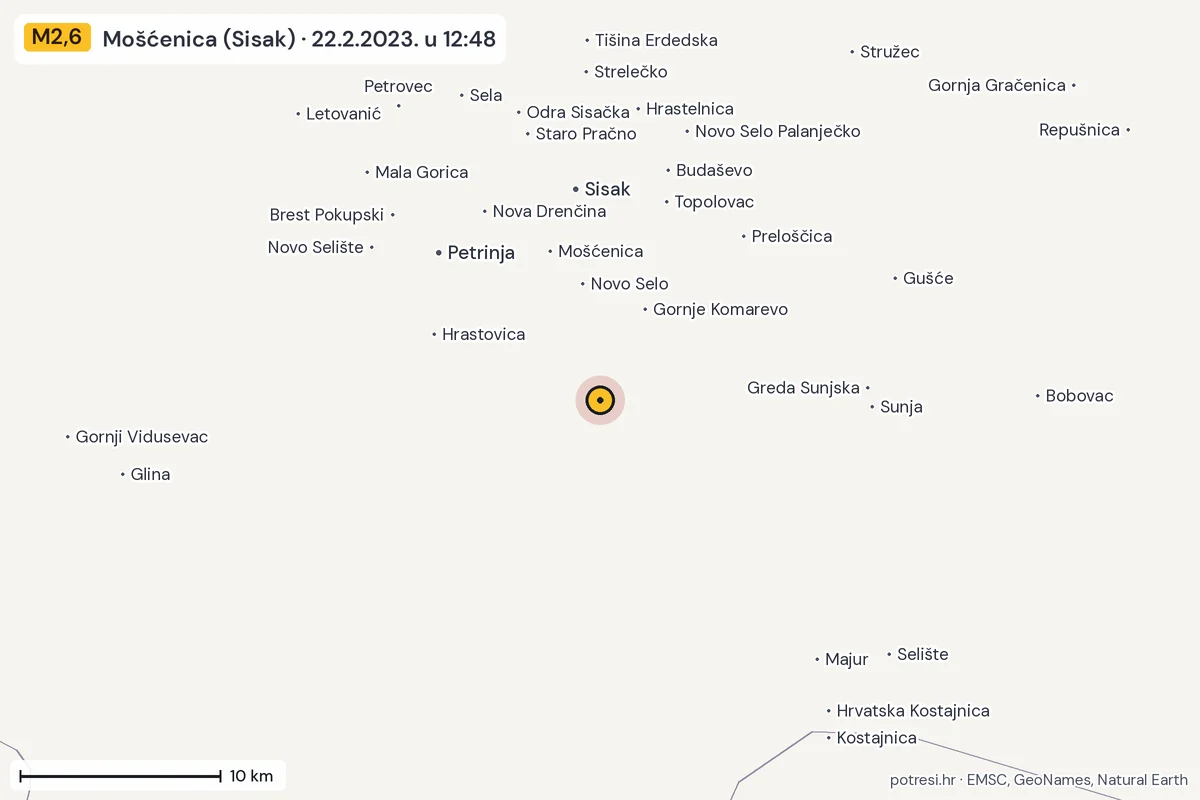 Karta: okolica epicentra, 60 km, potres M2,6, Mošćenica (Sisak), 22.2.2023.