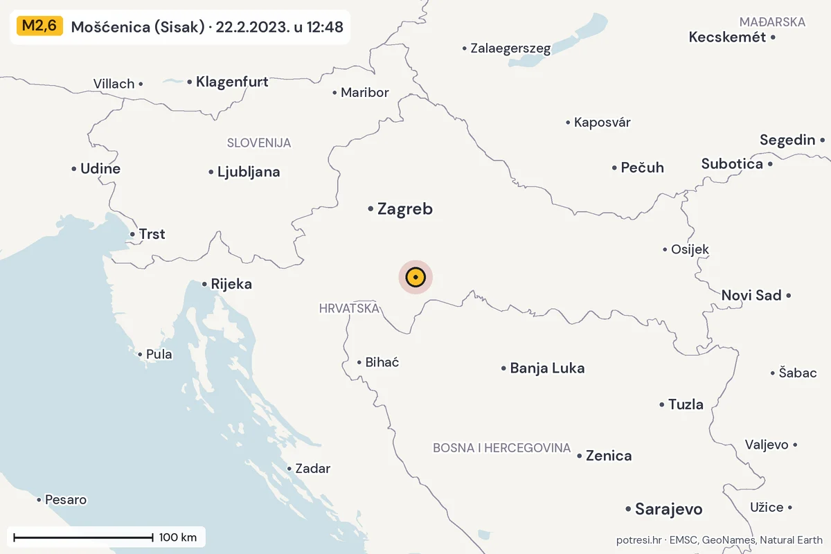 Karta: šire područje, 600 km, potres M2,6, Mošćenica (Sisak), 22.2.2023.
