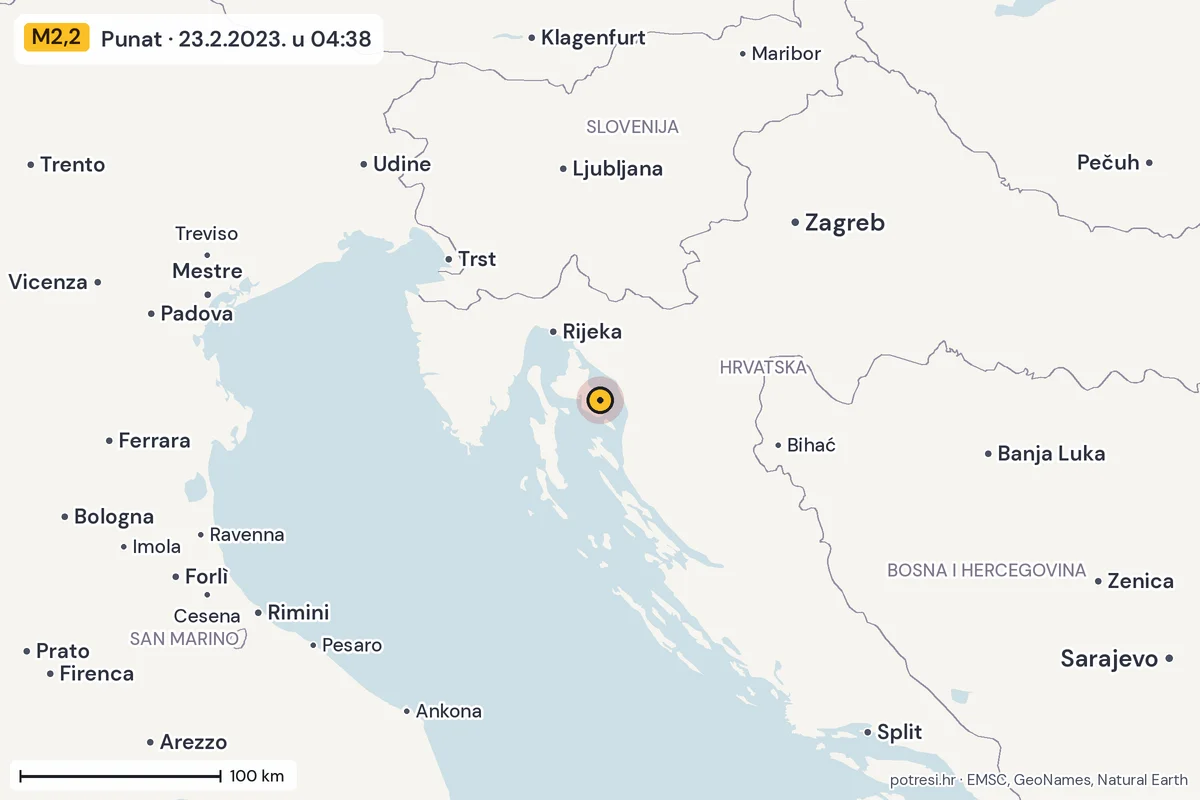 Karta: šire područje, 600 km, potres M2,2, Punat, 23.2.2023.