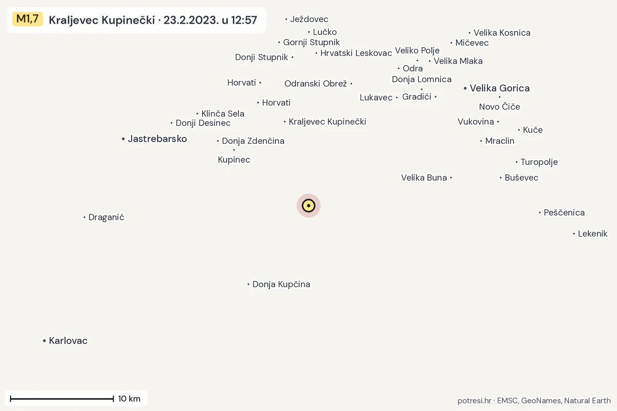 Karta: okolica epicentra, 60 km, potres M1,7, Kraljevec Kupinečki, 23.2.2023.