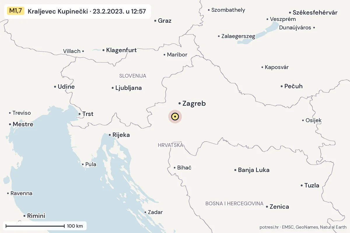 Karta: šire područje, 600 km, potres M1,7, Kraljevec Kupinečki, 23.2.2023.