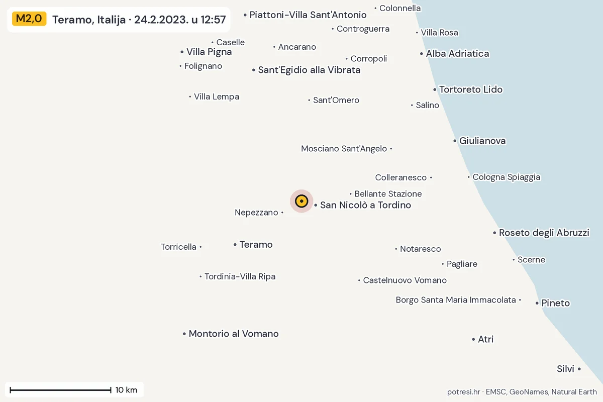 Karta: okolica epicentra, 60 km, potres M2,0, Teramo, Italija, 24.2.2023.
