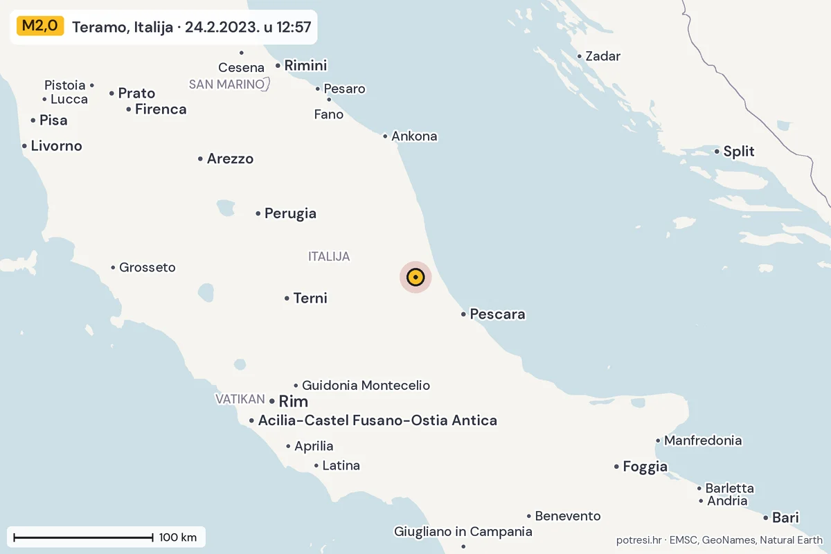 Karta: šire područje, 600 km, potres M2,0, Teramo, Italija, 24.2.2023.