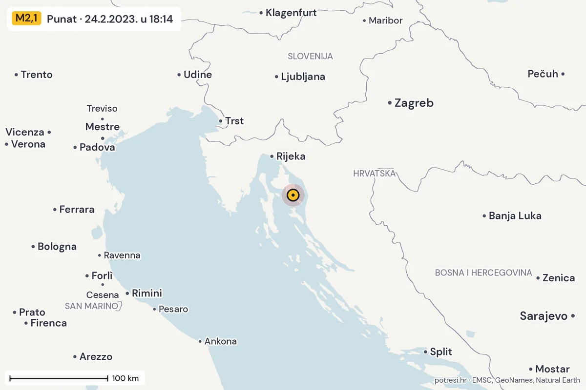 Karta: šire područje, 600 km, potres M2,1, Punat, 24.2.2023.