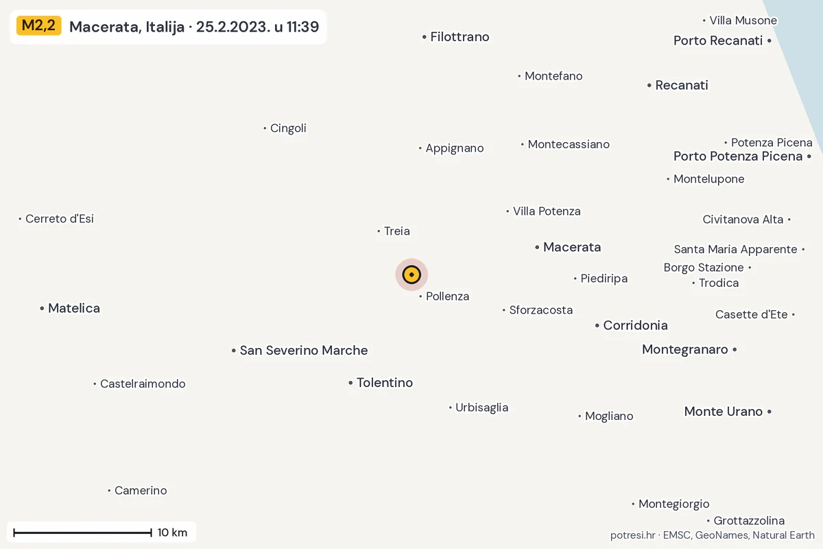 Karta: okolica epicentra, 60 km, potres M2,2, Macerata, Italija, 25.2.2023.