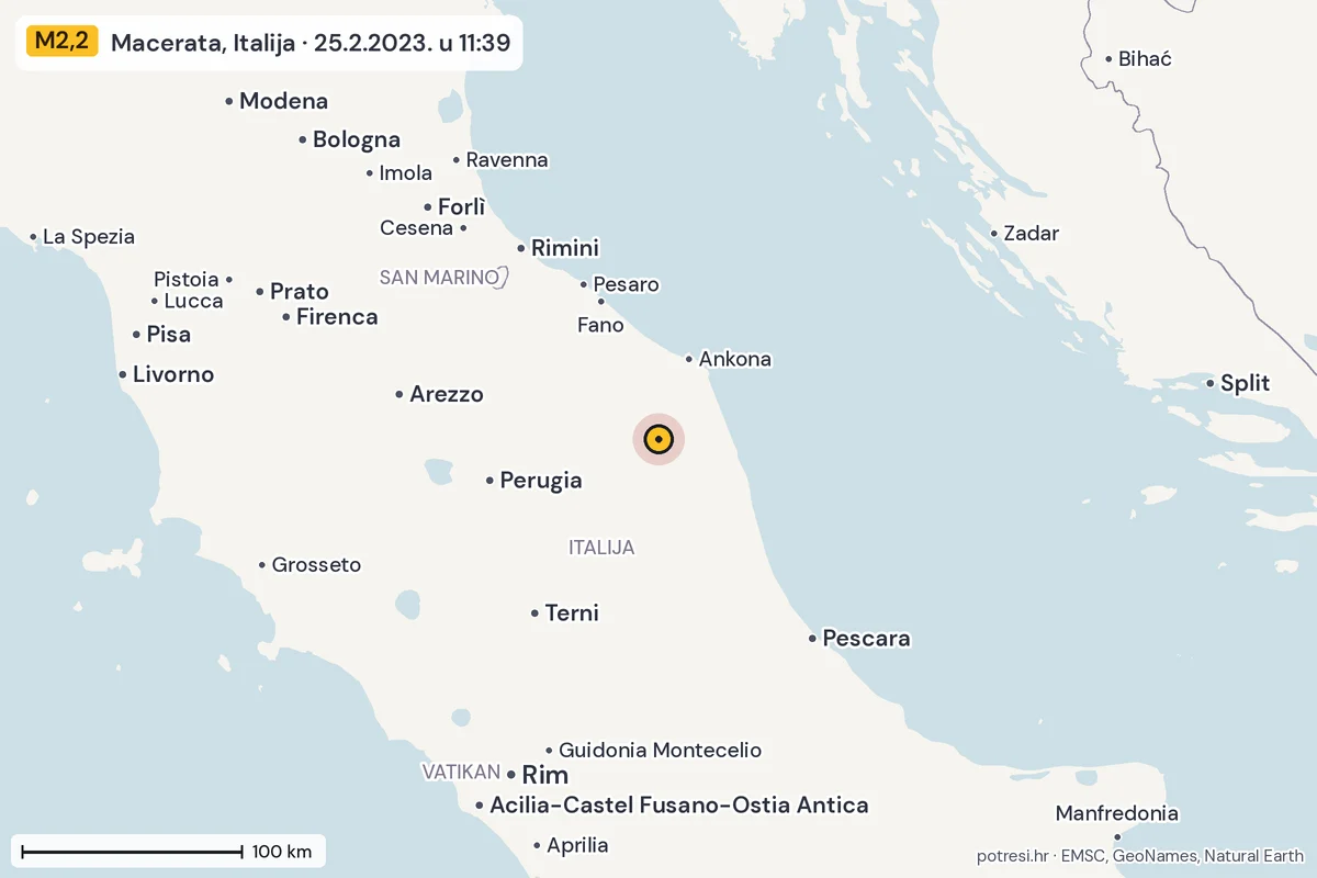 Karta: šire područje, 600 km, potres M2,2, Macerata, Italija, 25.2.2023.