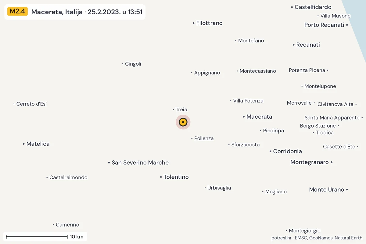 Karta: okolica epicentra, 60 km, potres M2,4, Macerata, Italija, 25.2.2023.