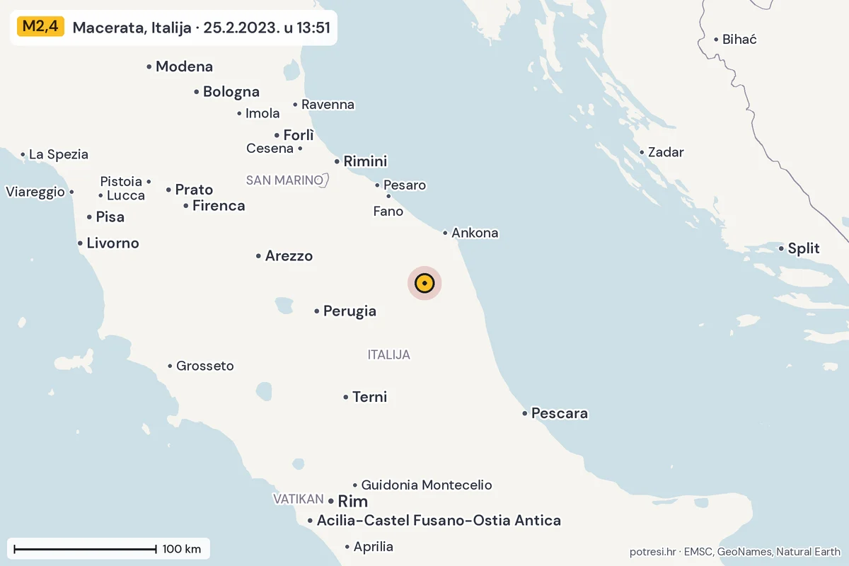 Karta: šire područje, 600 km, potres M2,4, Macerata, Italija, 25.2.2023.