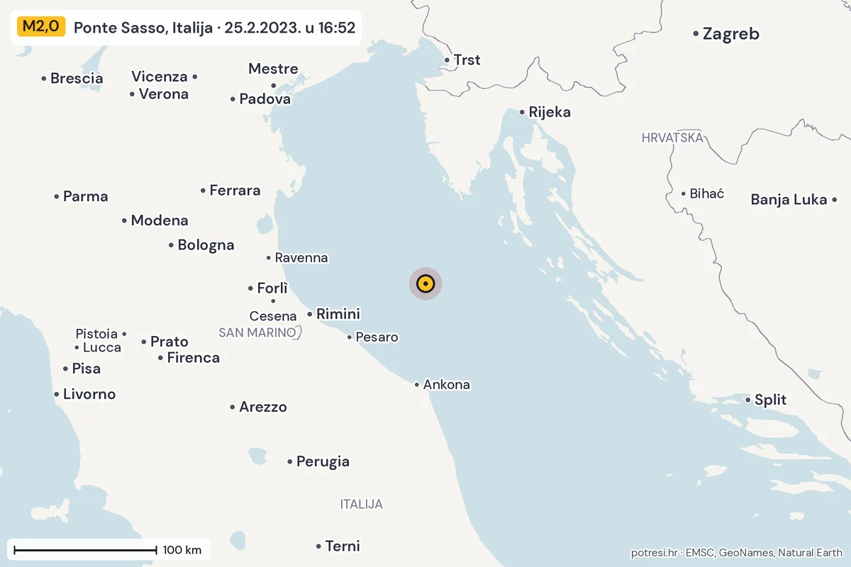 Karta: šire područje, 600 km, potres M2,0, Ponte Sasso, Italija, 25.2.2023.