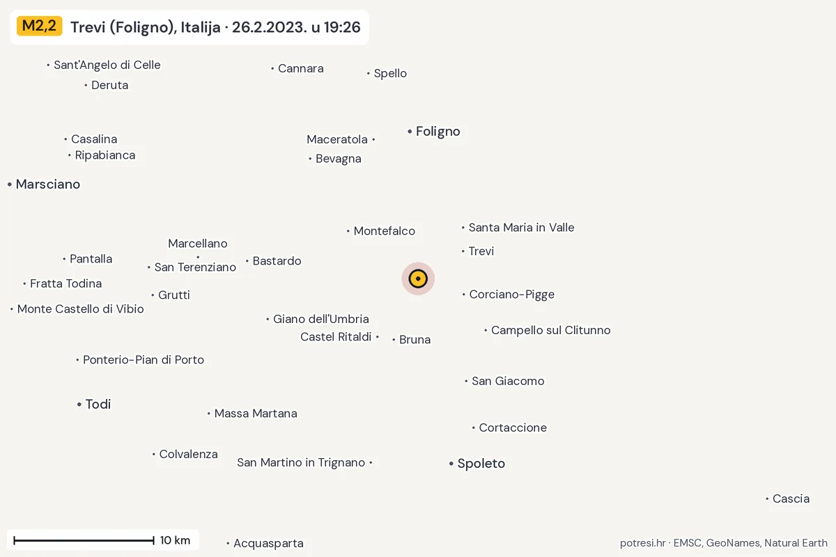 Karta: okolica epicentra, 60 km, potres M2,2, Trevi (Foligno), Italija, 26.2.2023.