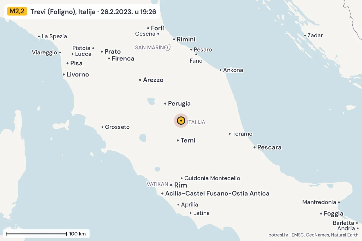 Karta: šire područje, 600 km, potres M2,2, Trevi (Foligno), Italija, 26.2.2023.