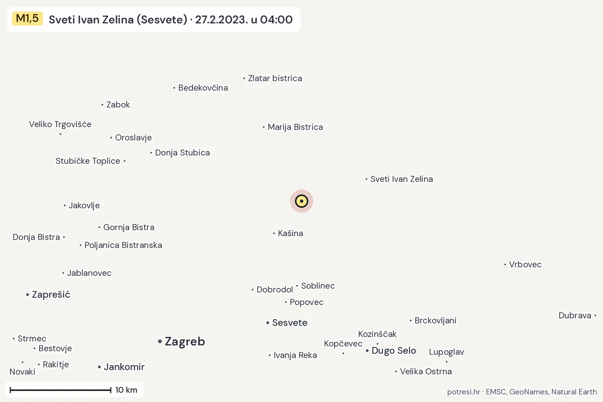 Karta: okolica epicentra, 60 km, potres M1,5, Sveti Ivan Zelina (Sesvete), 27.2.2023.