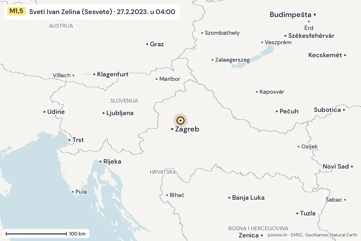 Karta: šire područje, 600 km, potres M1,5, Sveti Ivan Zelina (Sesvete), 27.2.2023.