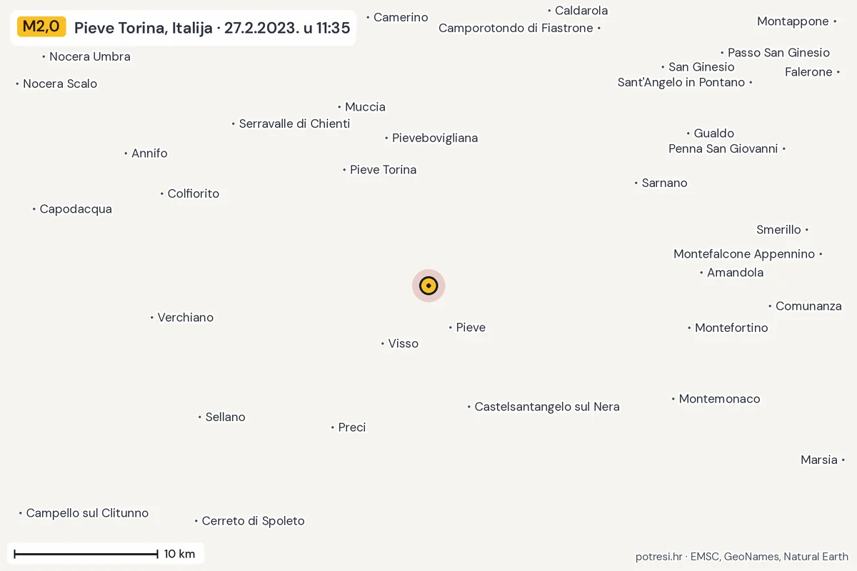 Karta: okolica epicentra, 60 km, potres M2,0, Pieve Torina, Italija, 27.2.2023.