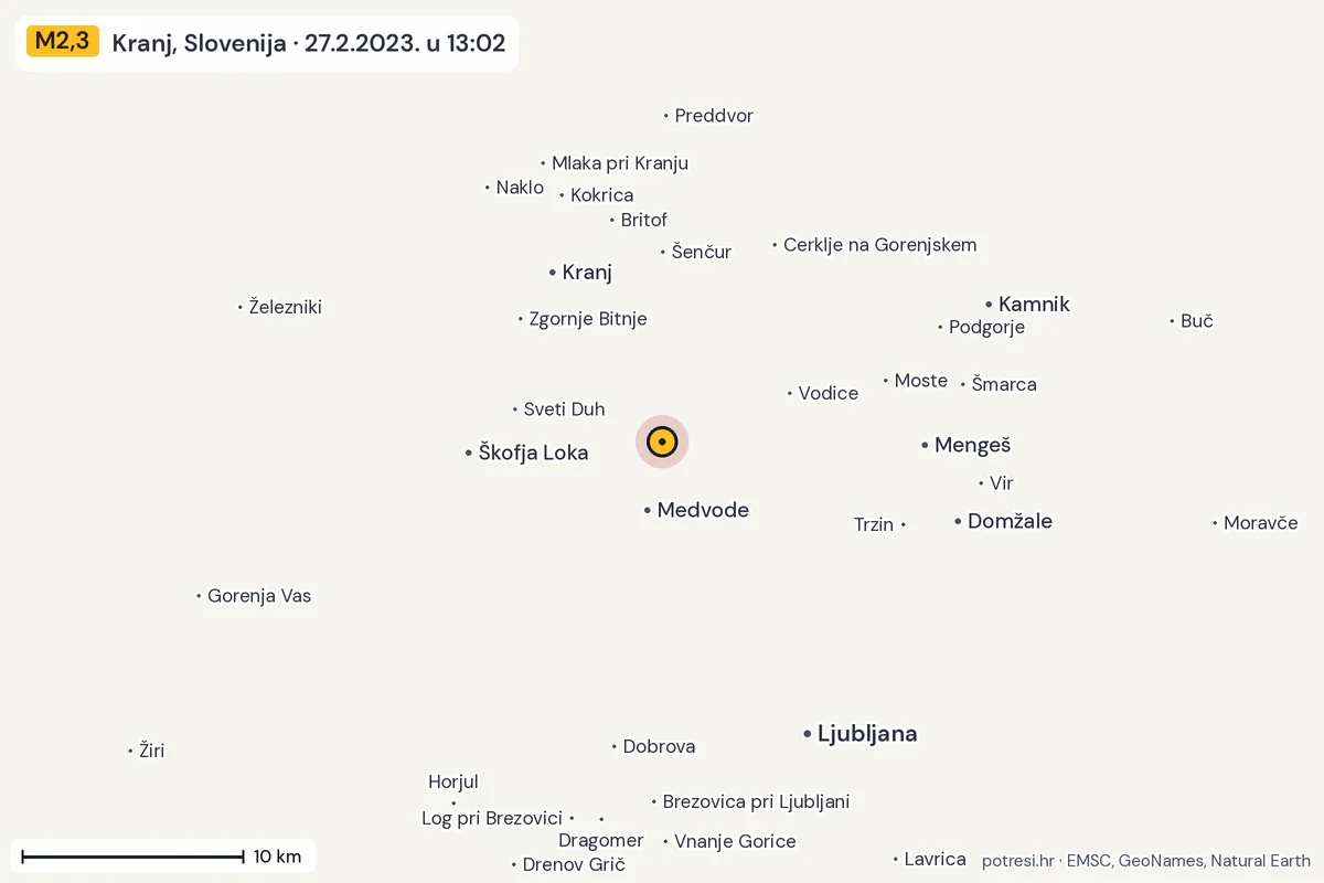 Karta: okolica epicentra, 60 km, potres M2,3, Kranj, Slovenija, 27.2.2023.