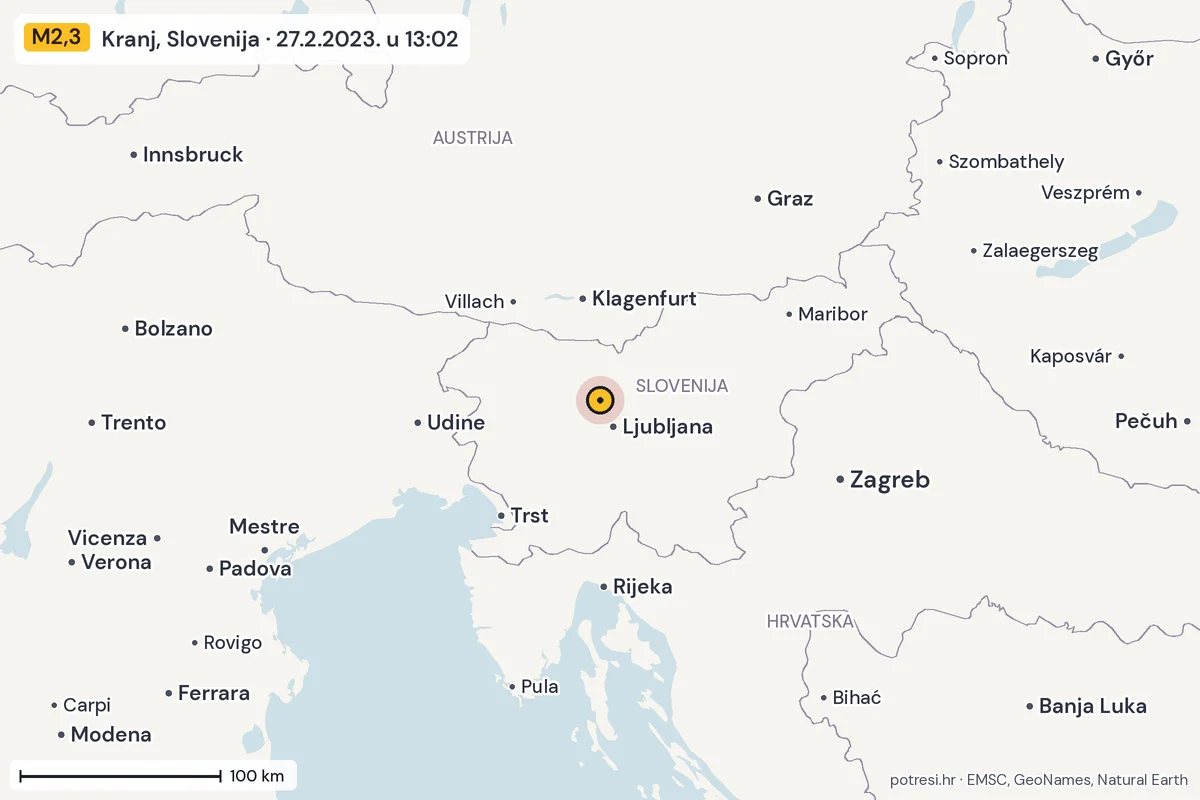Karta: šire područje, 600 km, potres M2,3, Kranj, Slovenija, 27.2.2023.