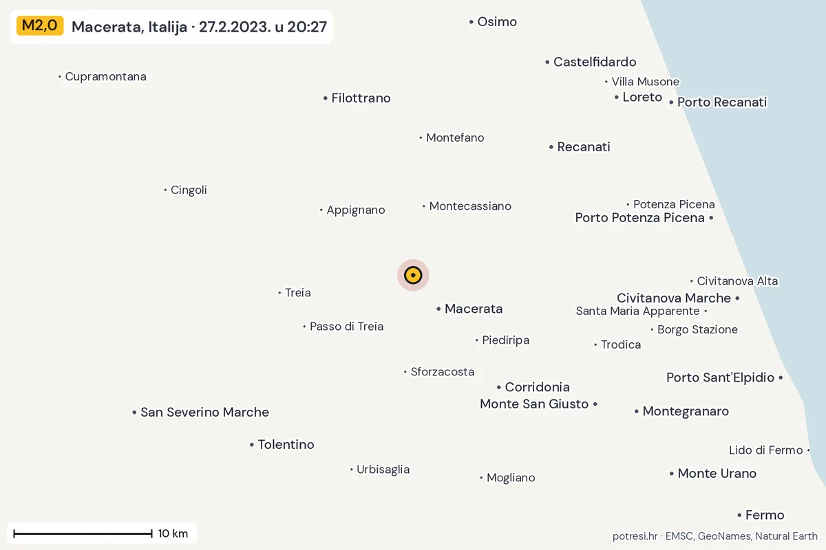 Karta: okolica epicentra, 60 km, potres M2,0, Macerata, Italija, 27.2.2023.