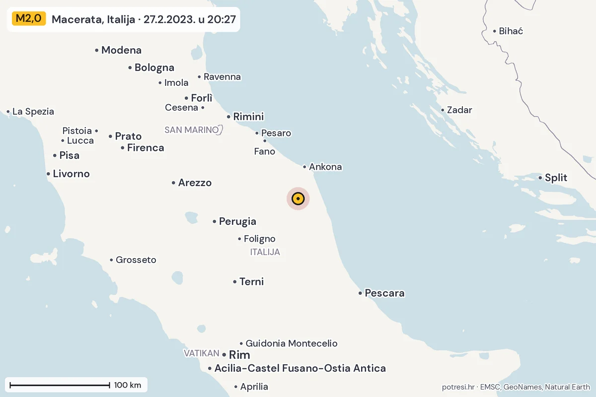 Karta: šire područje, 600 km, potres M2,0, Macerata, Italija, 27.2.2023.