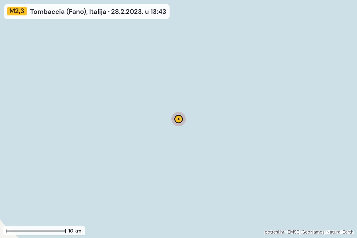 Karta: okolica epicentra, 60 km, potres M2,3, Tombaccia (Fano), Italija, 28.2.2023.