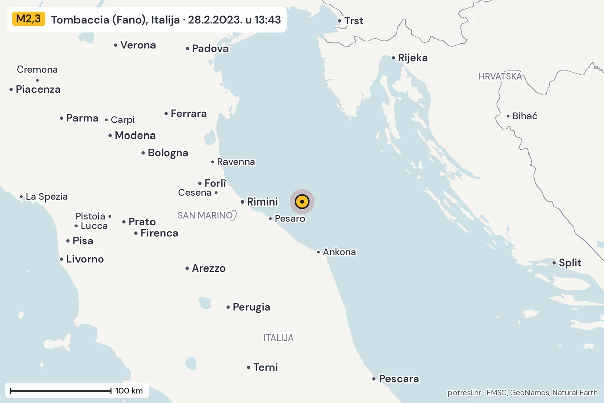 Karta: šire područje, 600 km, potres M2,3, Tombaccia (Fano), Italija, 28.2.2023.