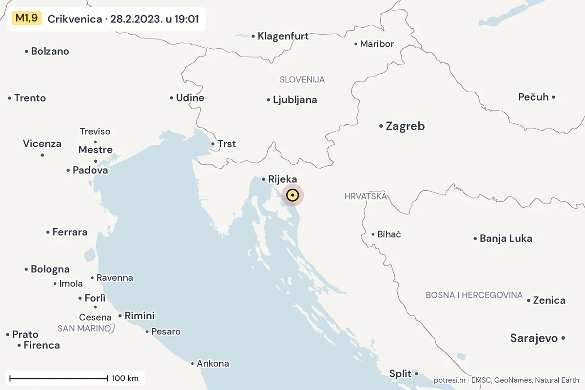 Karta: šire područje, 600 km, potres M1,9, Crikvenica, 28.2.2023.