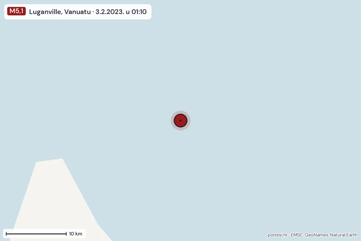 Karta: okolica epicentra, 60 km, potres M5,1, Luganville, Vanuatu, 3.2.2023.