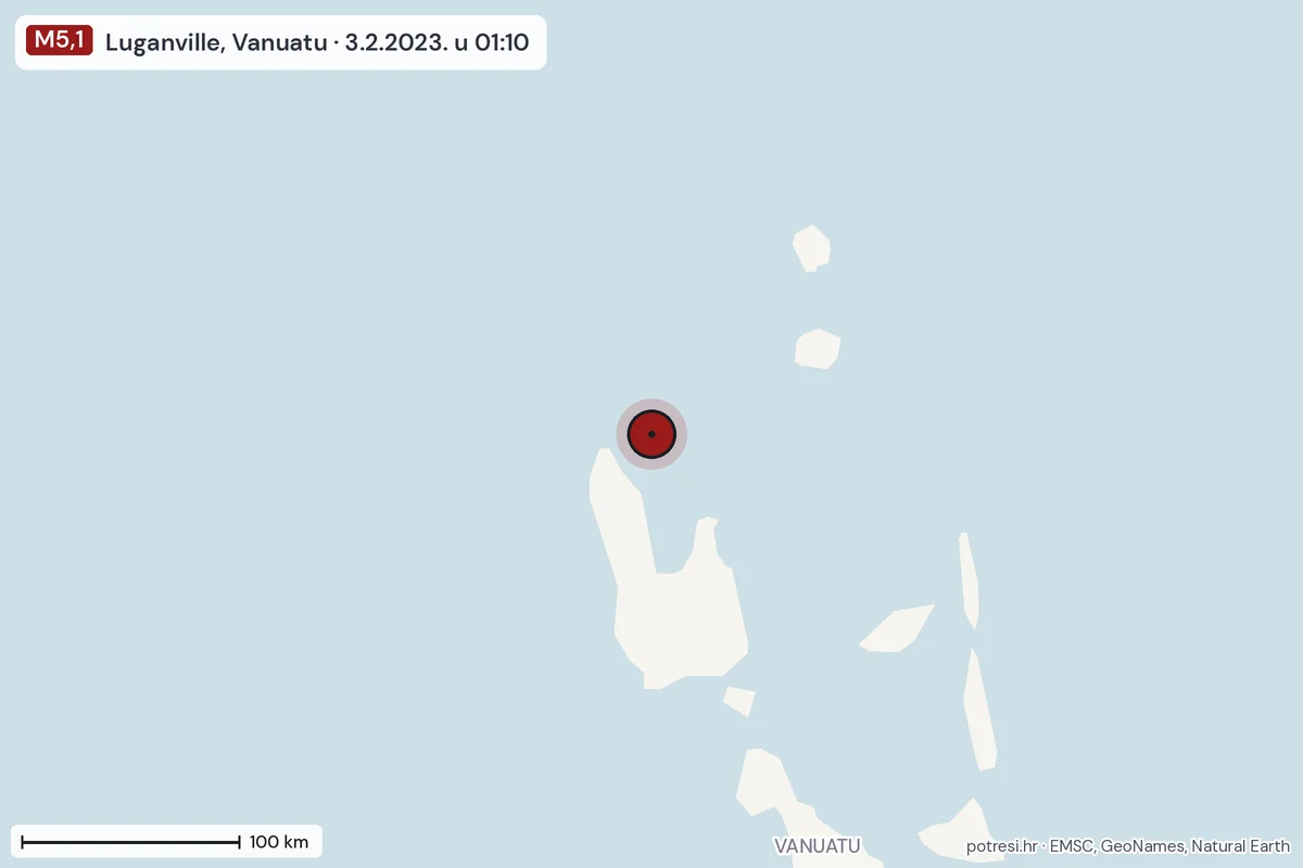 Karta: šire područje, 600 km, potres M5,1, Luganville, Vanuatu, 3.2.2023.