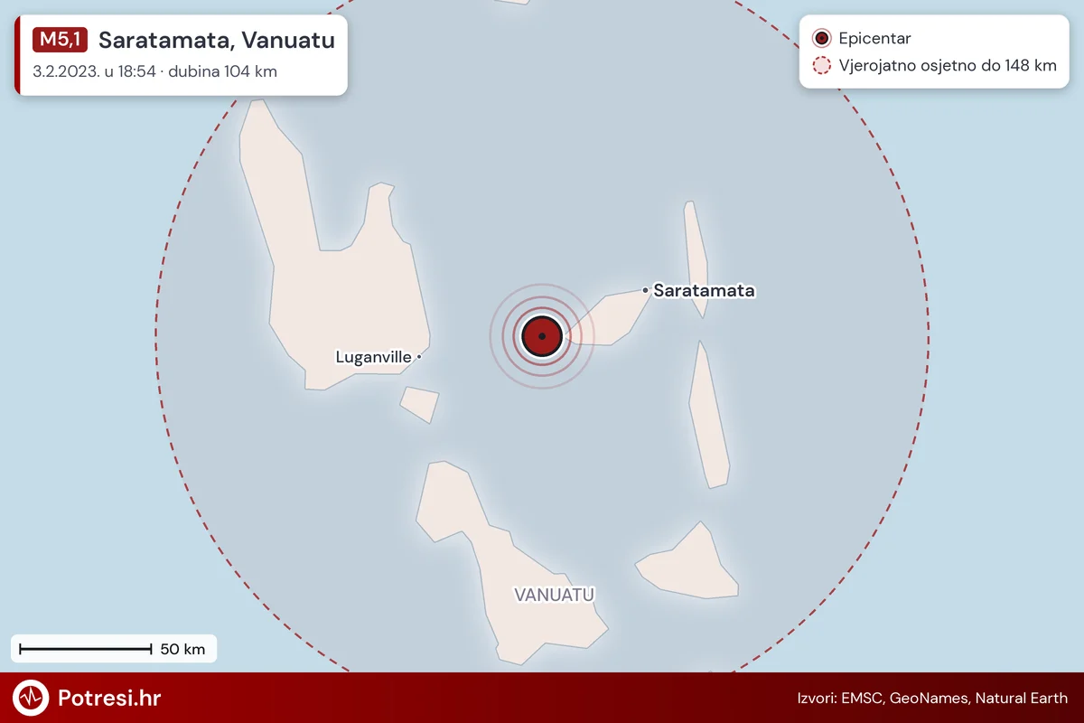 Karta: šire područje i vjerojatni doseg osjeta, potres M5,1, Saratamata, Vanuatu, 3.2.2023.