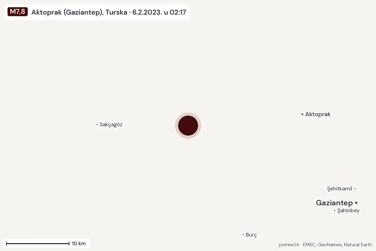 Karta: okolica epicentra, 60 km, potres M7,8, Aktoprak (Gaziantep), Turska, 6.2.2023.