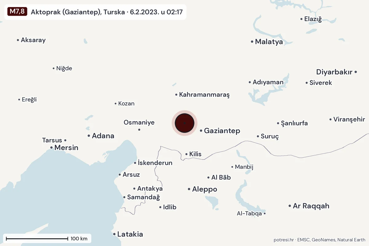 Karta: šire područje, 600 km, potres M7,8, Aktoprak (Gaziantep), Turska, 6.2.2023.