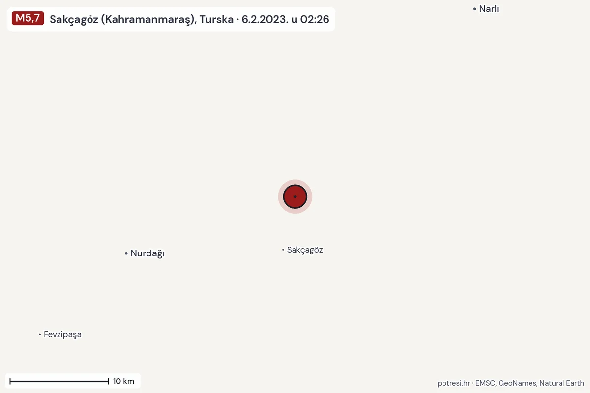 Karta: okolica epicentra, 60 km, potres M5,7, Sakçagöz (Kahramanmaraş), Turska, 6.2.2023.