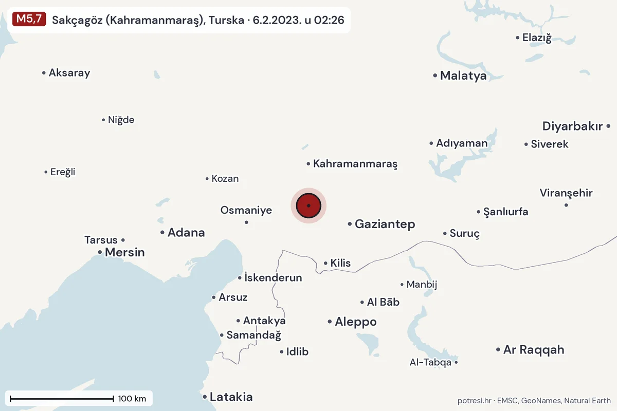 Karta: šire područje, 600 km, potres M5,7, Sakçagöz (Kahramanmaraş), Turska, 6.2.2023.