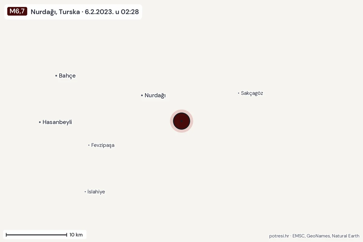 Karta: okolica epicentra, 60 km, potres M6,7, Nurdağı, Turska, 6.2.2023.