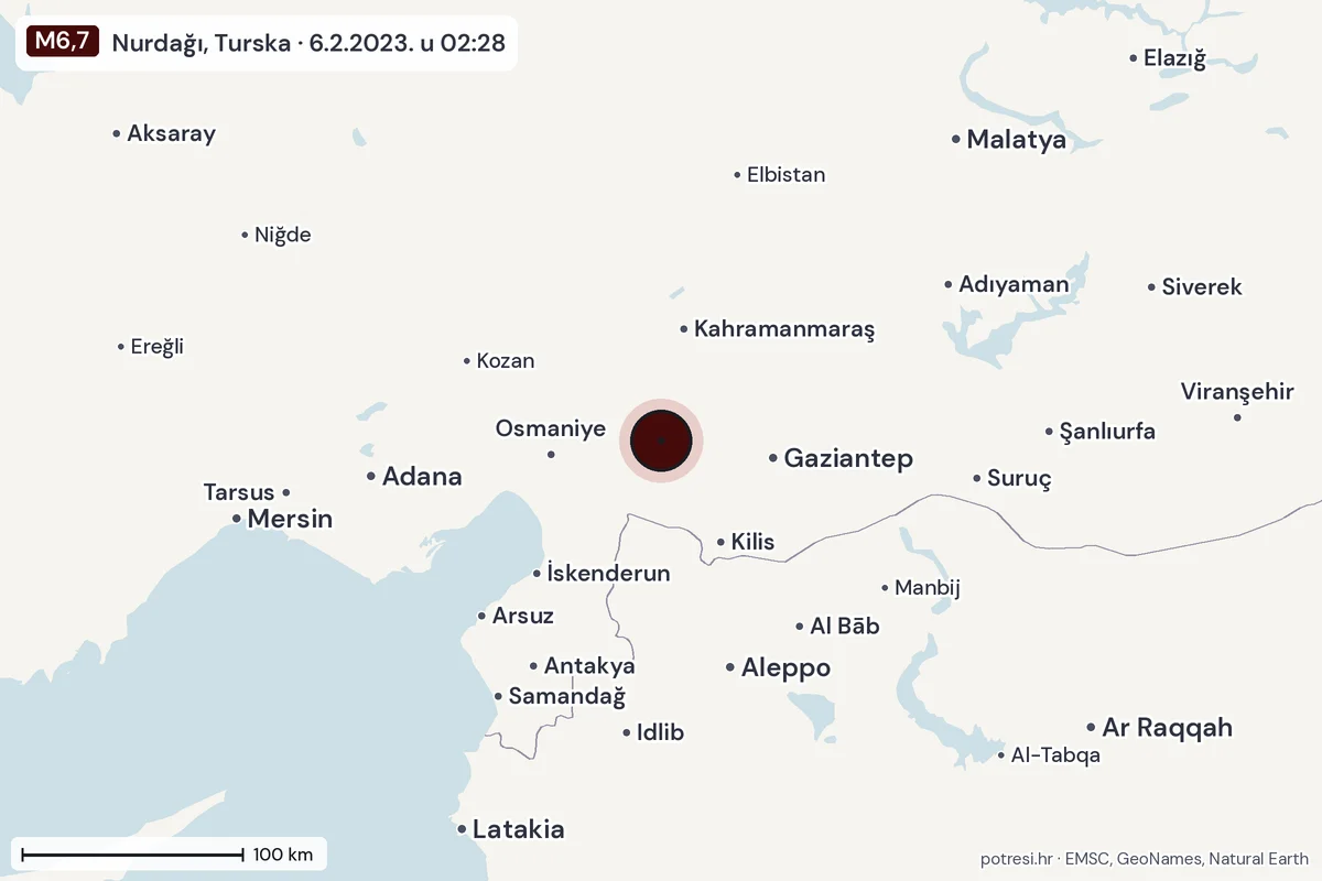 Karta: šire područje, 600 km, potres M6,7, Nurdağı, Turska, 6.2.2023.