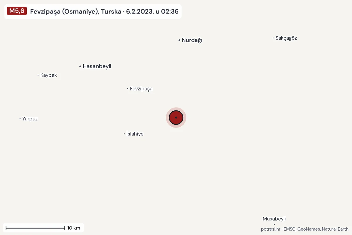 Karta: okolica epicentra, 60 km, potres M5,6, Fevzipaşa (Osmaniye), Turska, 6.2.2023.