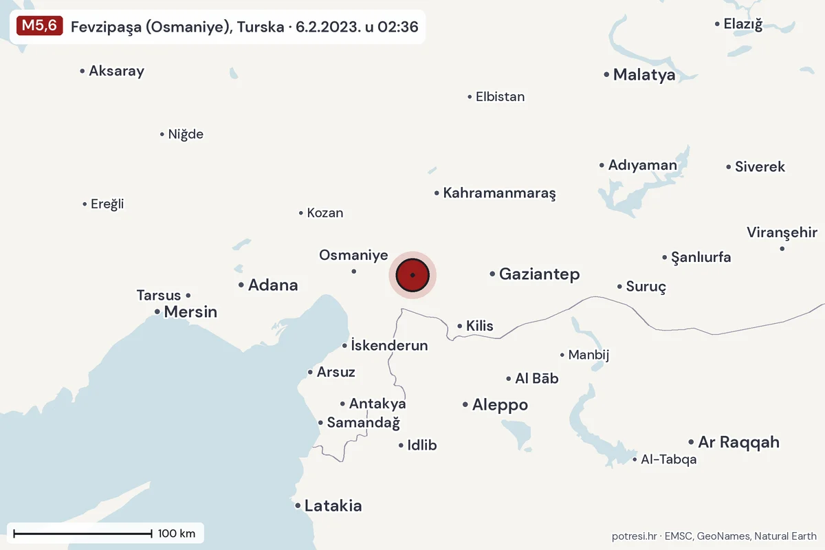 Karta: šire područje, 600 km, potres M5,6, Fevzipaşa (Osmaniye), Turska, 6.2.2023.