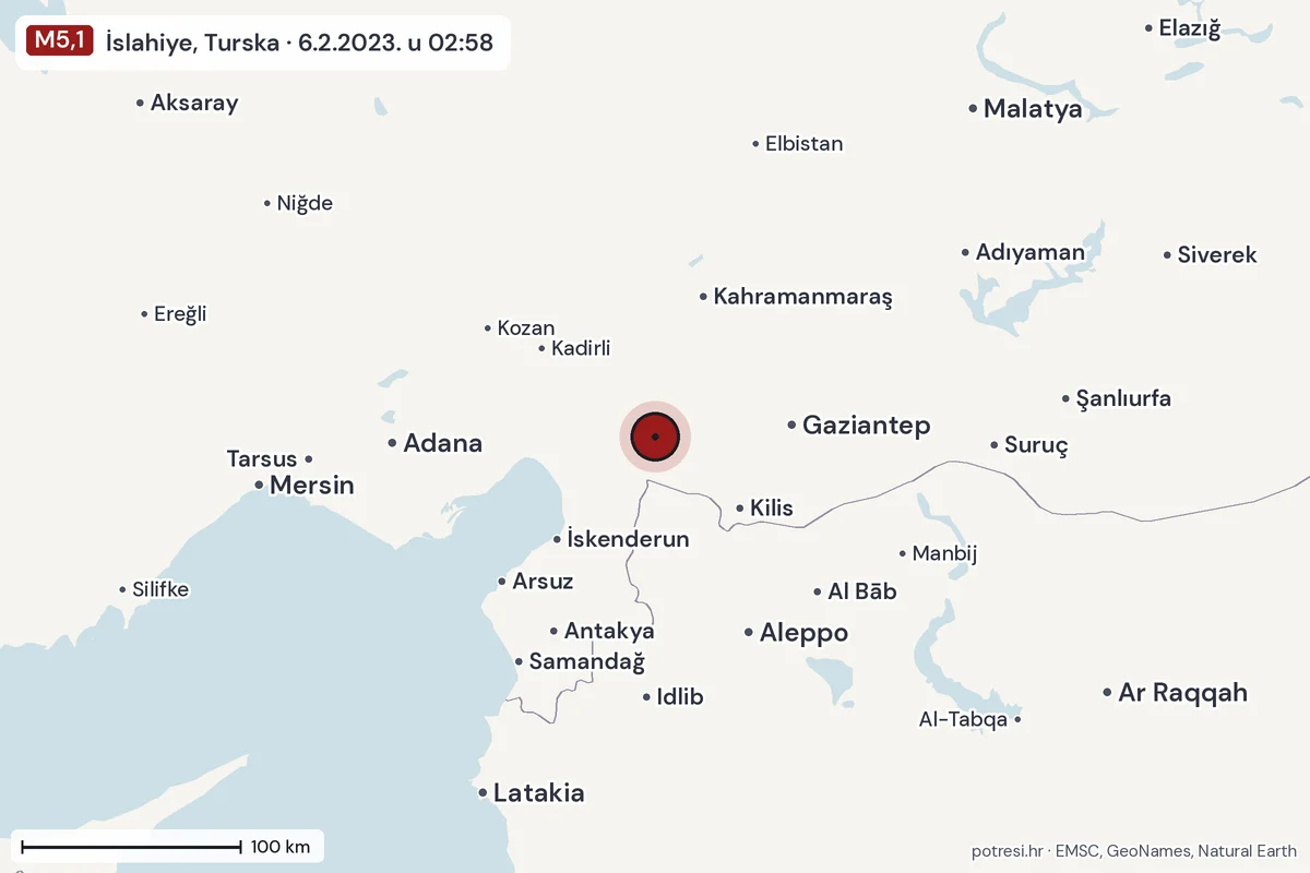Karta: šire područje, 600 km, potres M5,1, İslahiye, Turska, 6.2.2023.