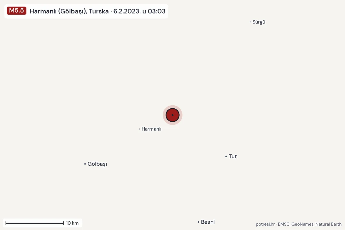 Karta: okolica epicentra, 60 km, potres M5,5, Harmanlı (Gölbaşı), Turska, 6.2.2023.