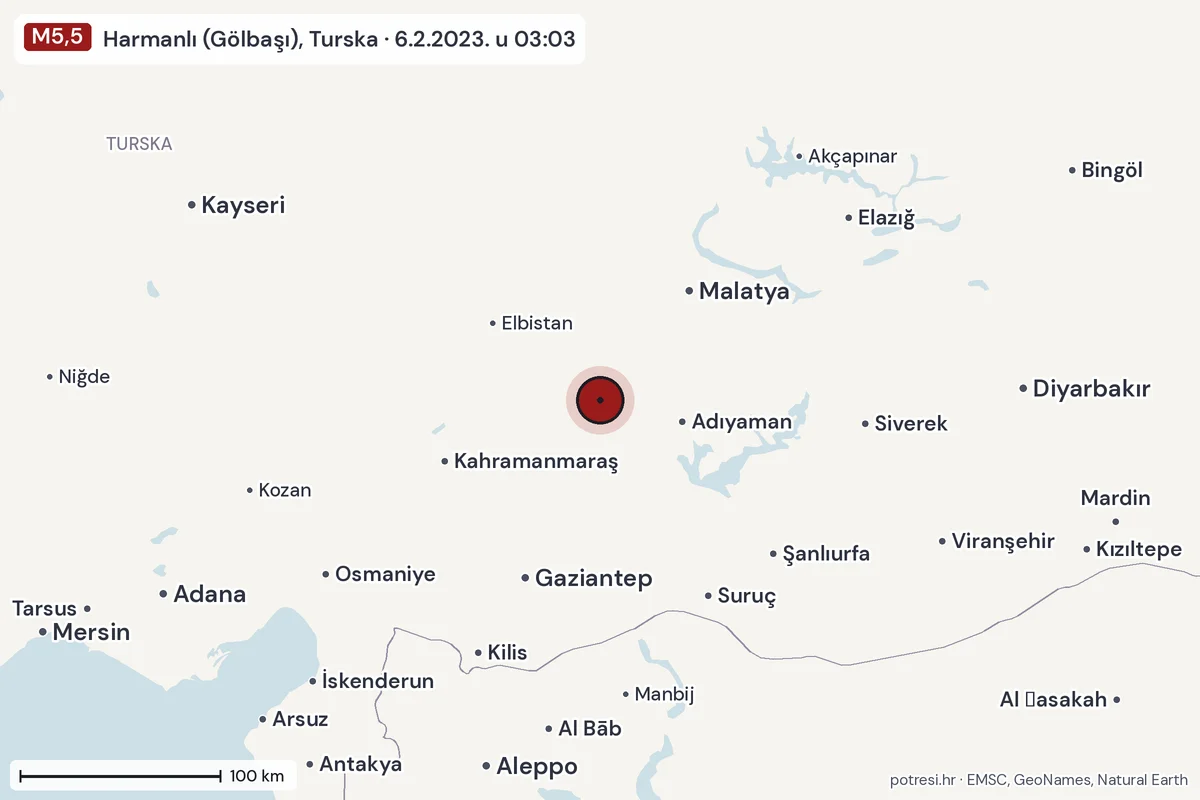 Karta: šire područje, 600 km, potres M5,5, Harmanlı (Gölbaşı), Turska, 6.2.2023.