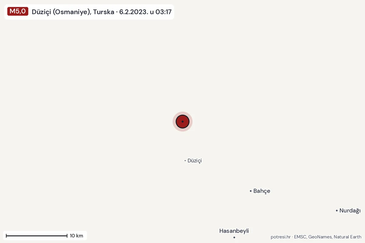 Karta: okolica epicentra, 60 km, potres M5,0, Düziçi (Osmaniye), Turska, 6.2.2023.
