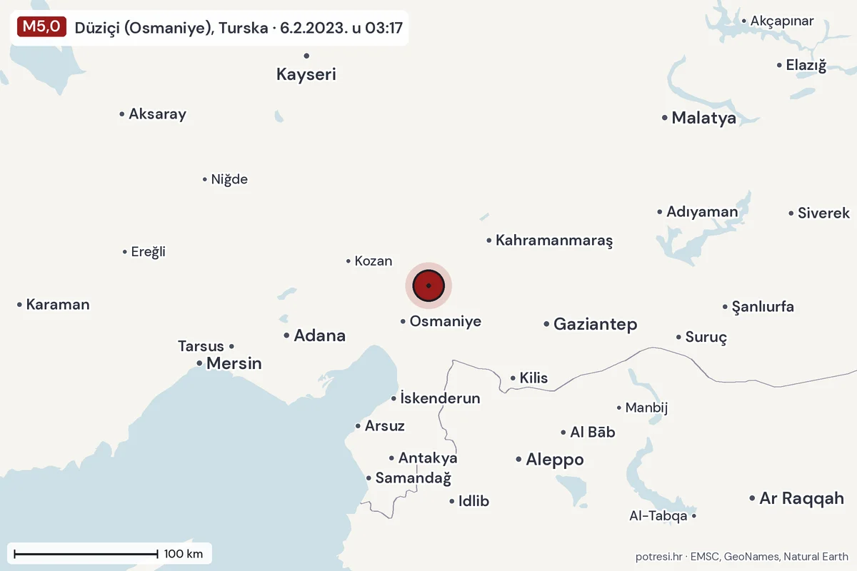 Karta: šire područje, 600 km, potres M5,0, Düziçi (Osmaniye), Turska, 6.2.2023.