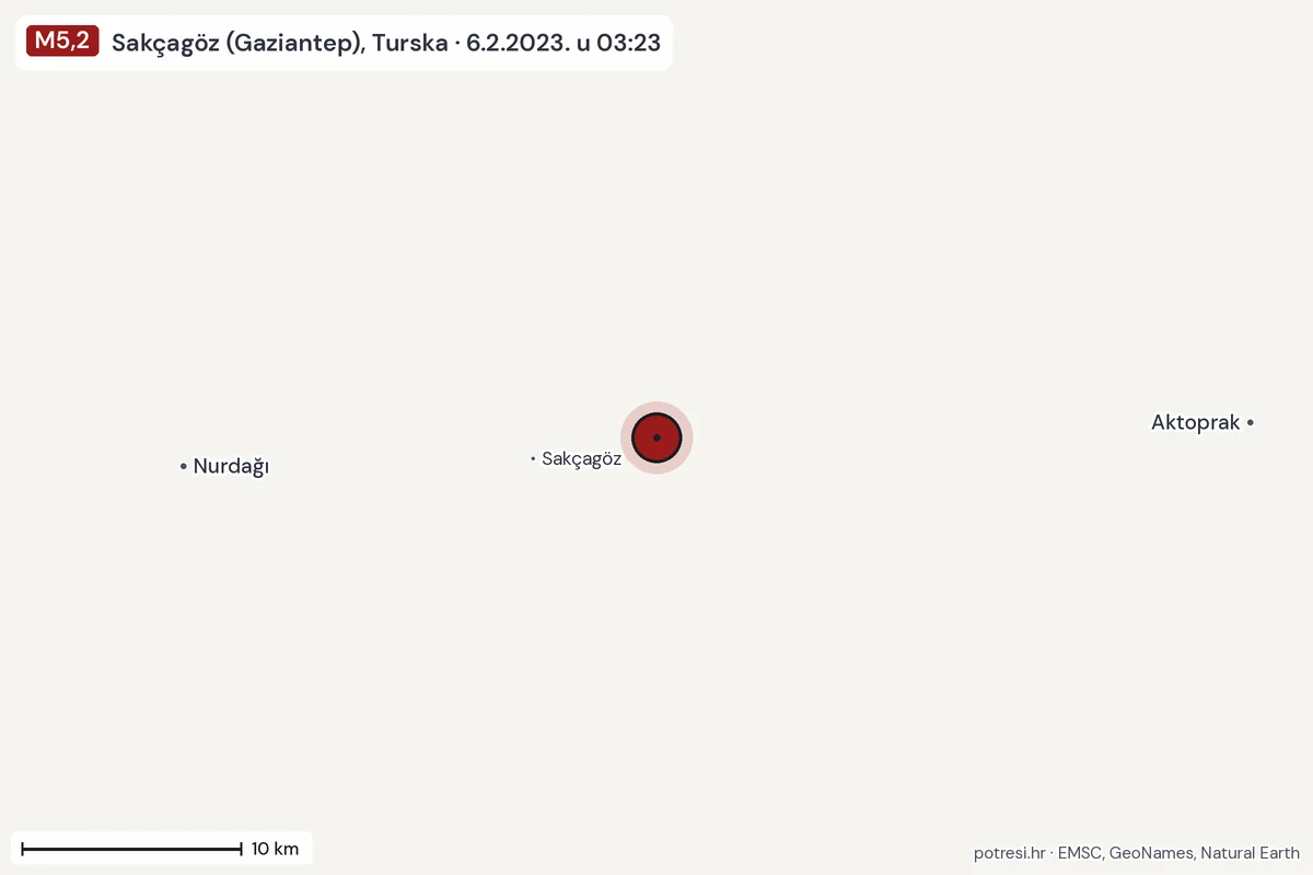 Karta: okolica epicentra, 60 km, potres M5,2, Sakçagöz (Gaziantep), Turska, 6.2.2023.