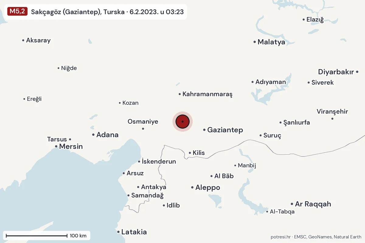 Karta: šire područje, 600 km, potres M5,2, Sakçagöz (Gaziantep), Turska, 6.2.2023.