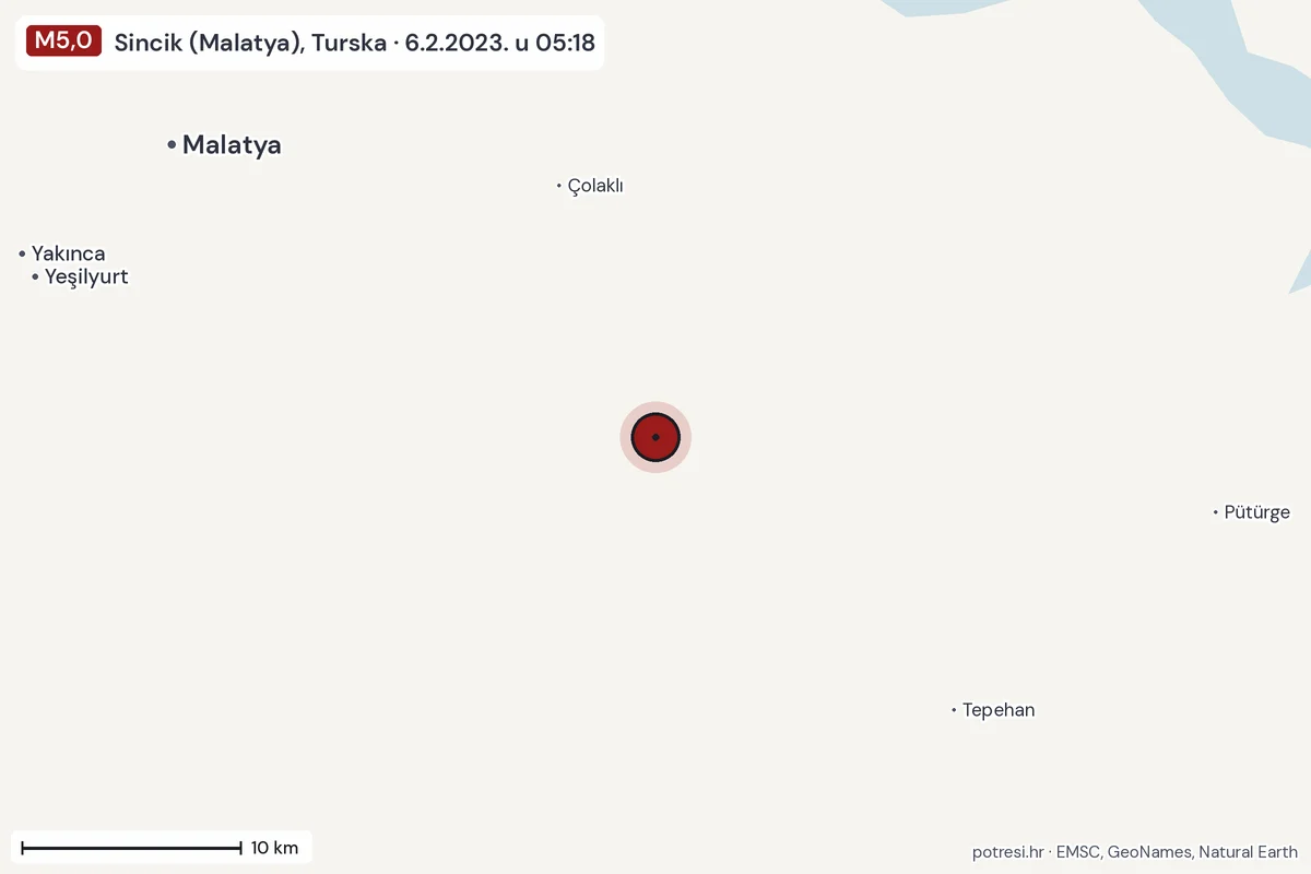 Karta: okolica epicentra, 60 km, potres M5,0, Sincik (Malatya), Turska, 6.2.2023.