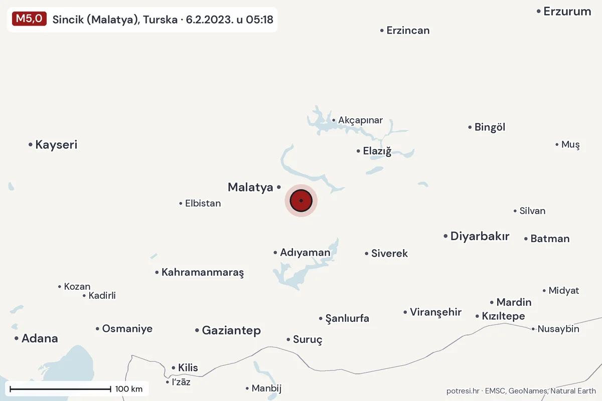 Karta: šire područje, 600 km, potres M5,0, Sincik (Malatya), Turska, 6.2.2023.