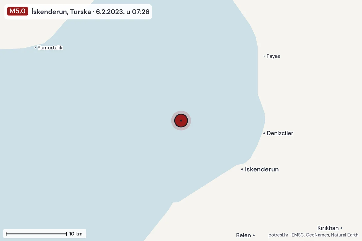 Karta: okolica epicentra, 60 km, potres M5,0, İskenderun, Turska, 6.2.2023.