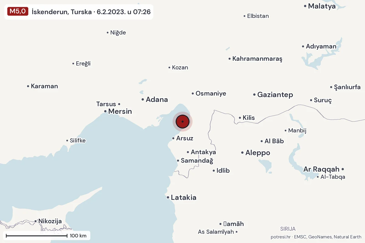 Karta: šire područje, 600 km, potres M5,0, İskenderun, Turska, 6.2.2023.