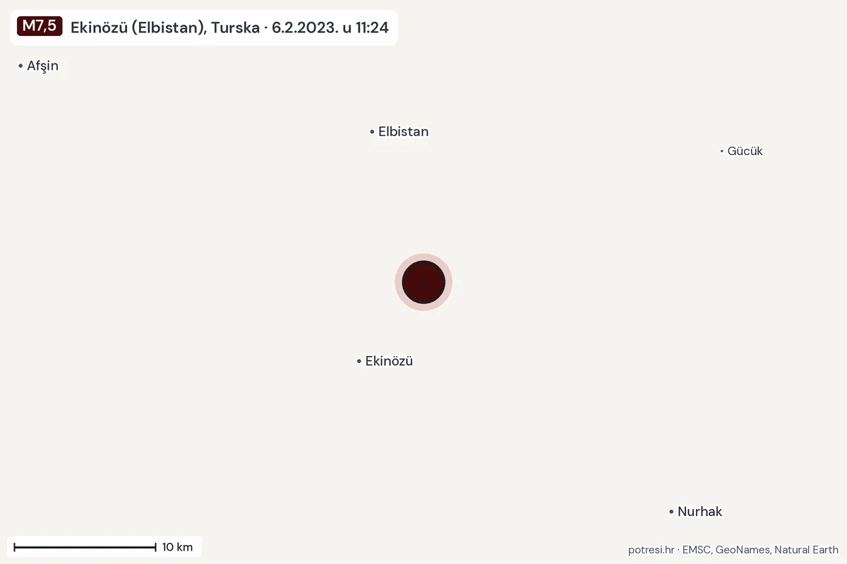 Karta: okolica epicentra, 60 km, potres M7,5, Ekinözü (Elbistan), Turska, 6.2.2023.