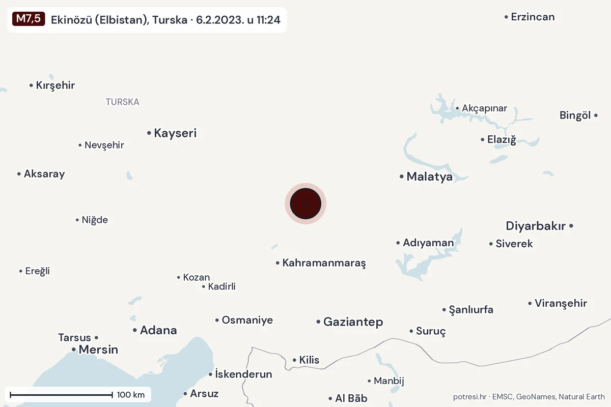 Karta: šire područje, 600 km, potres M7,5, Ekinözü (Elbistan), Turska, 6.2.2023.